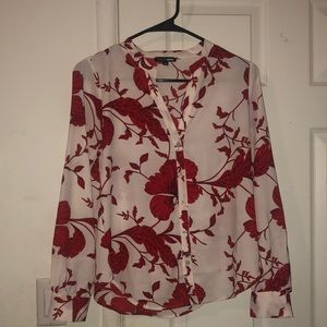 Red and white floral button down blouse